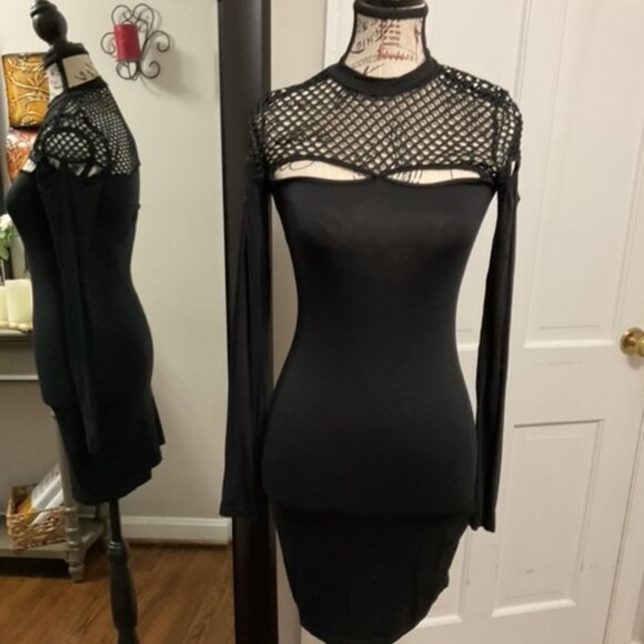 Black Shein Form Fitting Dress - Mesh Top, Size 6 - Picture 4 of 7
